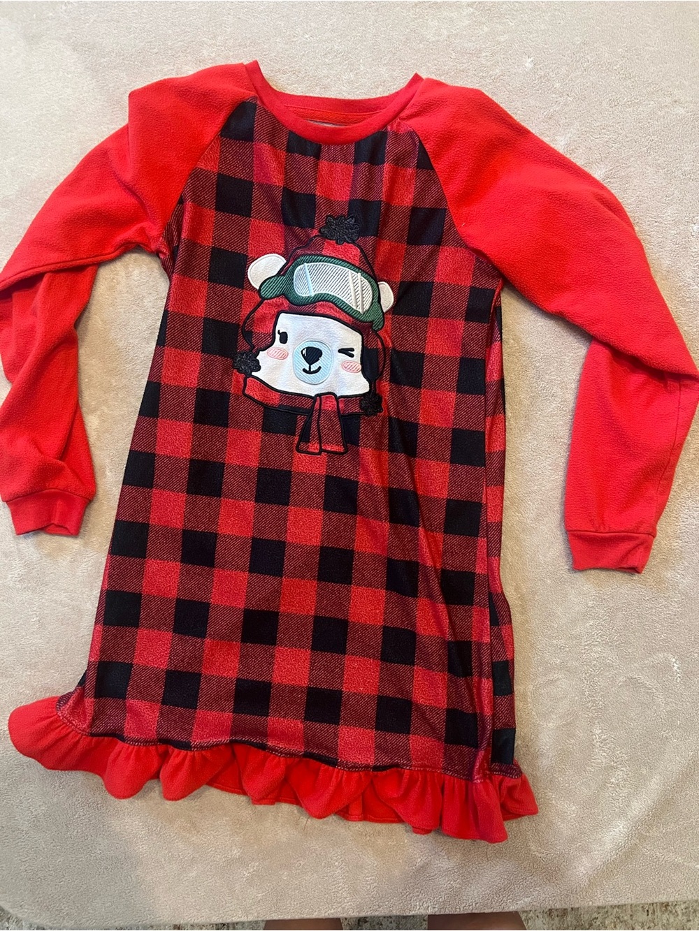 Red Buffalo Plaid Kids Nightgown with Bear Ski Graphic